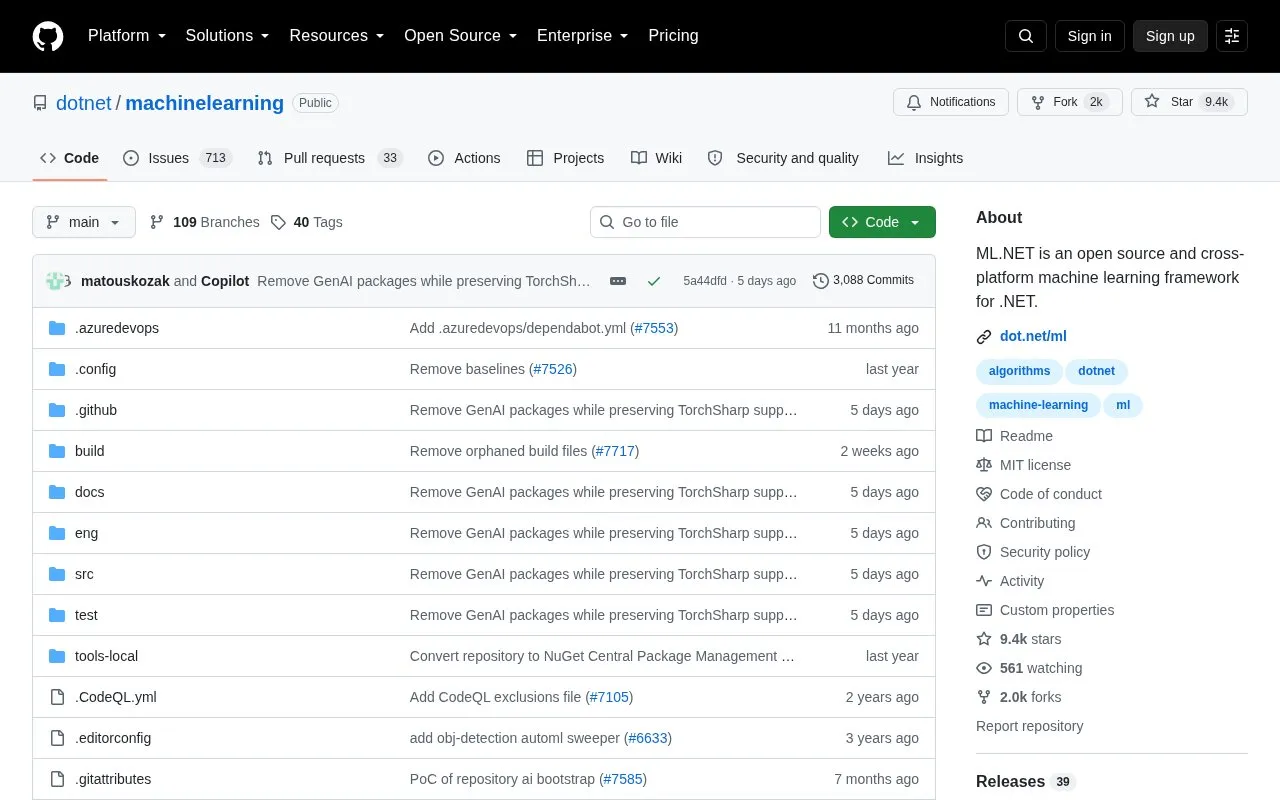 ML.NET homepage screenshot