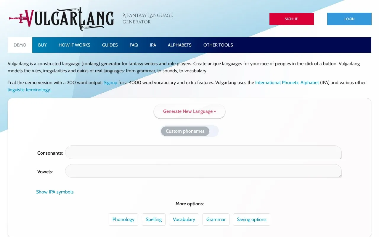 VulgarLang homepage screenshot