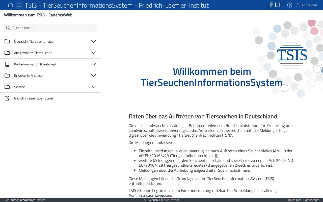TierSeuchenInformationsSystem homepage screenshot