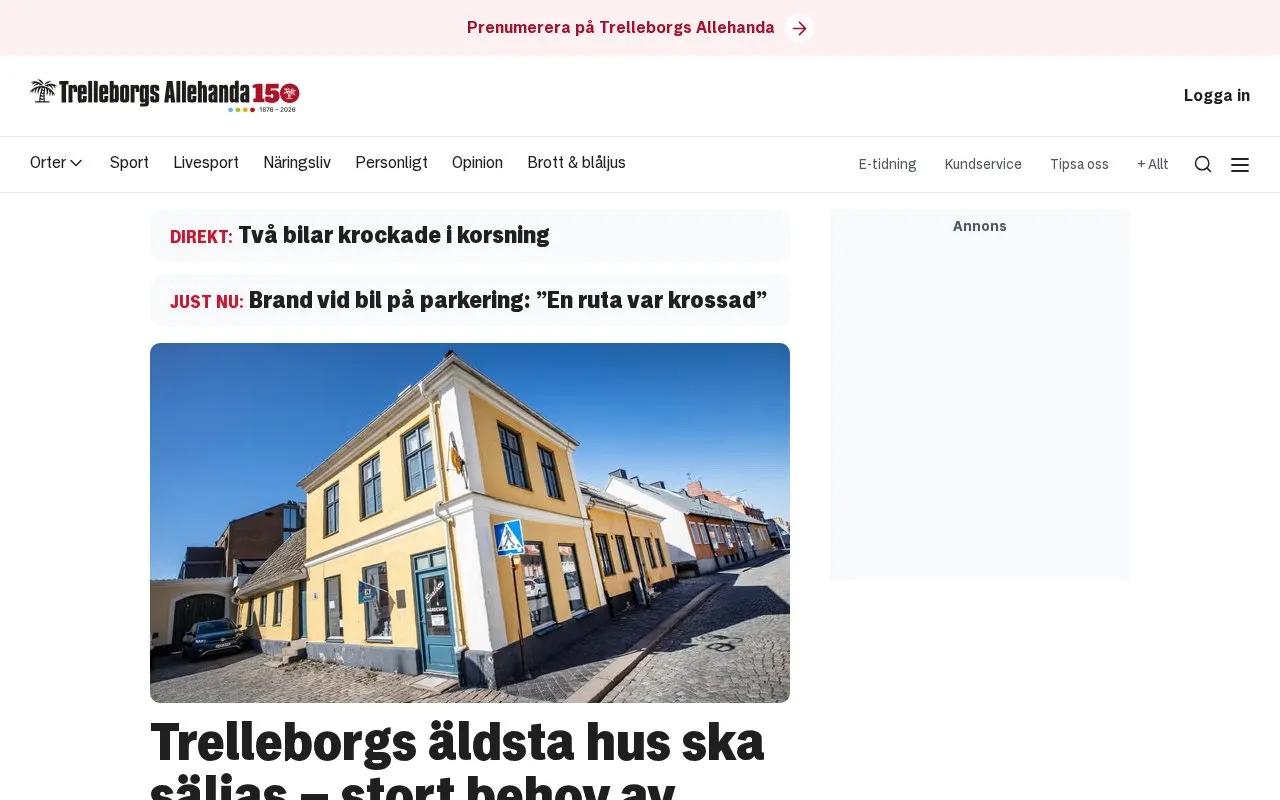 Trelleborgs Allehanda homepage screenshot