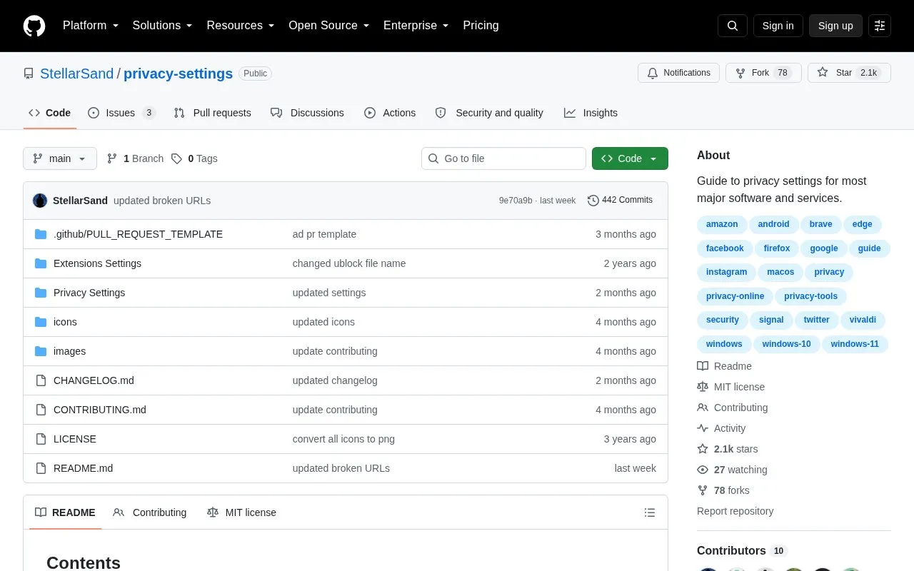 Privacy Settings homepage screenshot