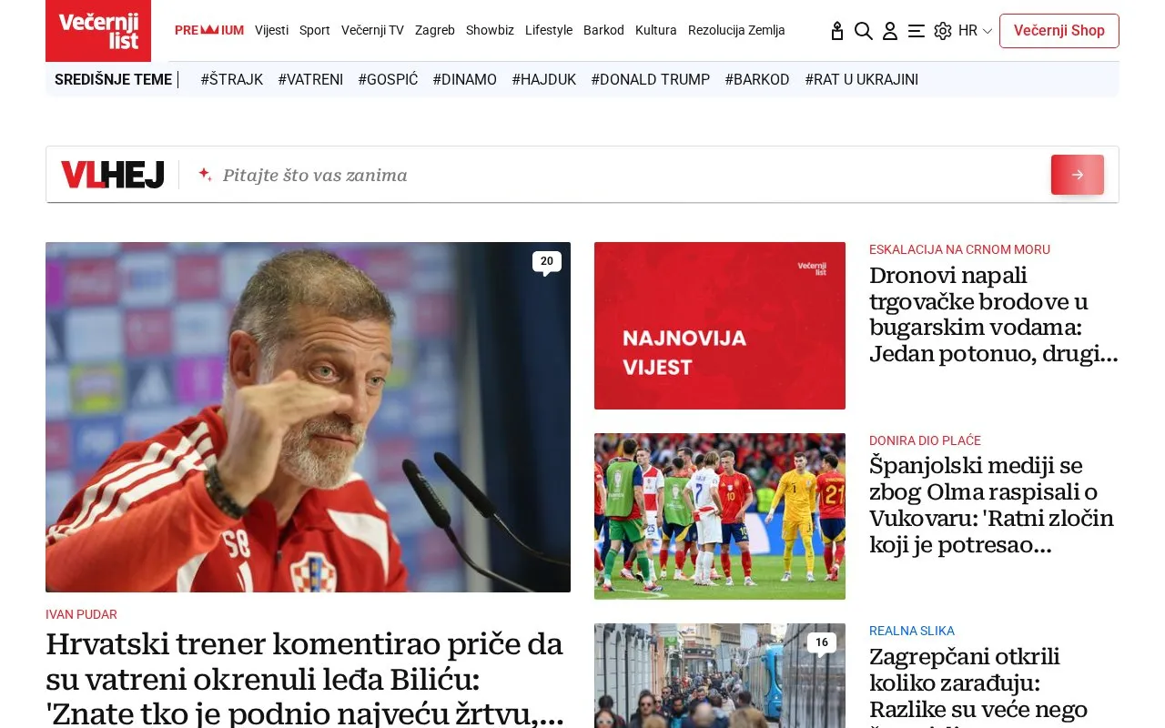 Večernji list homepage screenshot