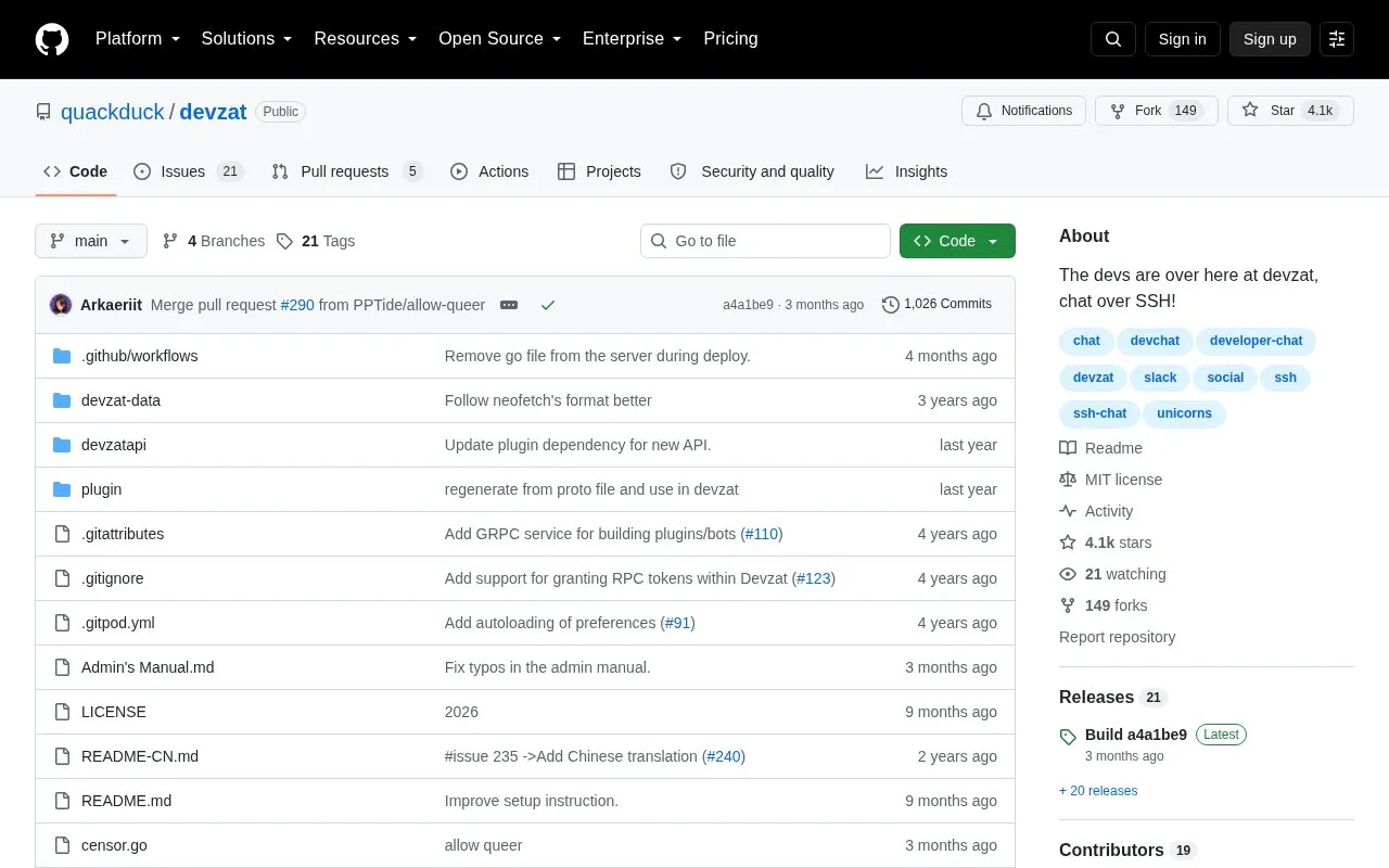 Devzat homepage screenshot