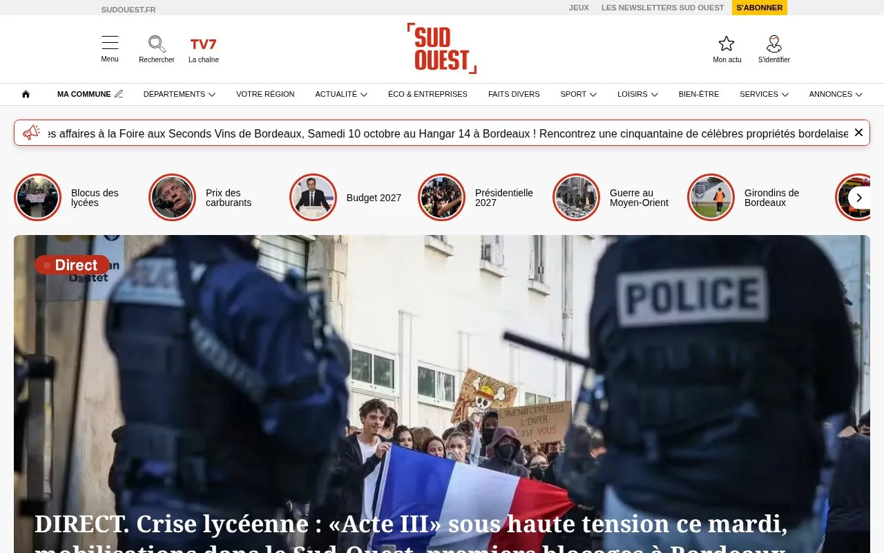 Sud-Ouest homepage screenshot