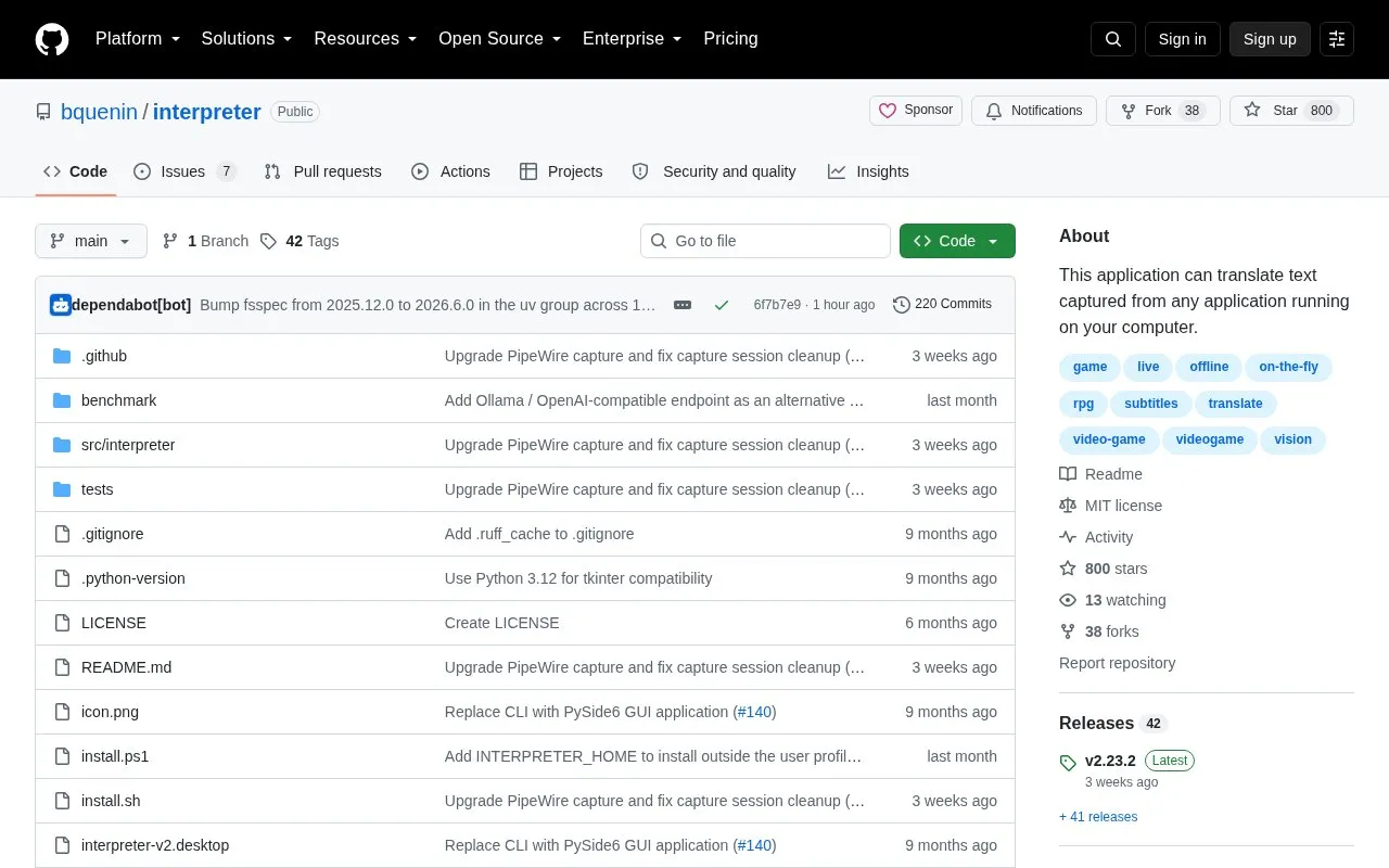 Interpreter homepage screenshot
