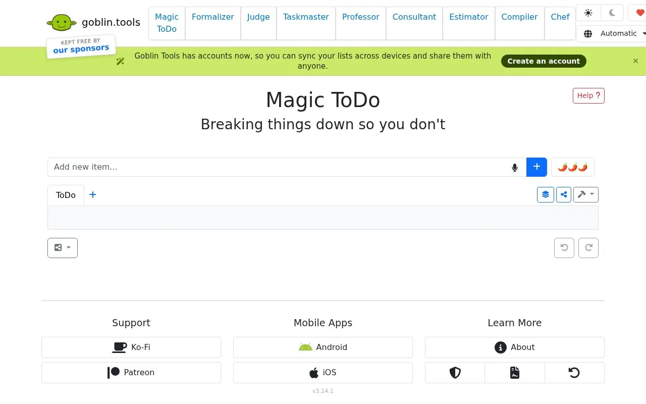 Goblin.tools homepage screenshot