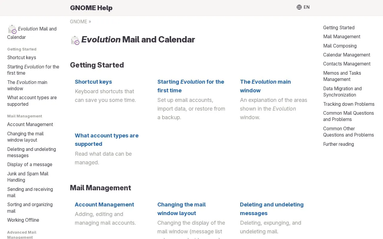 GNOME Evolution homepage screenshot