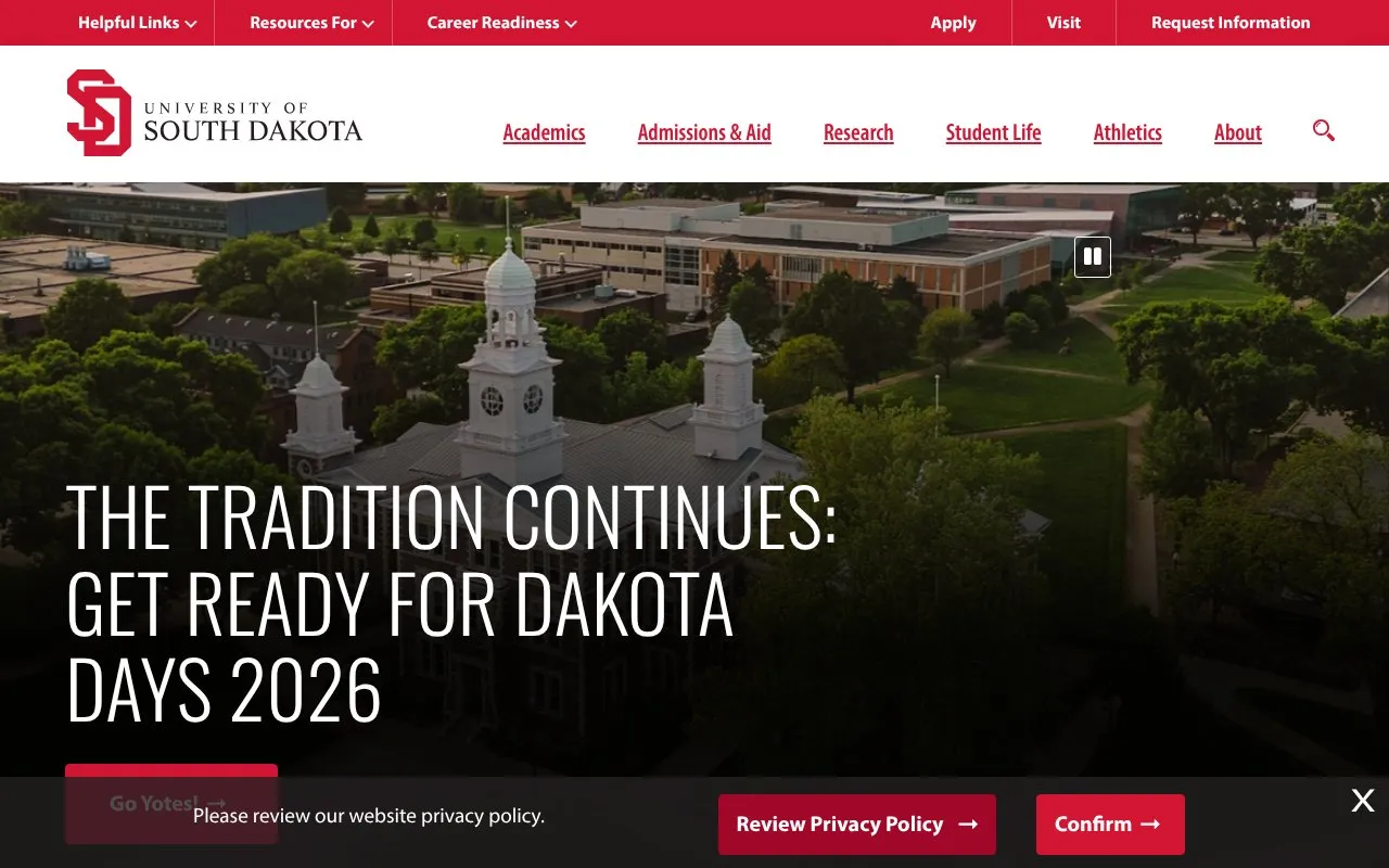 University of South Dakota homepage screenshot