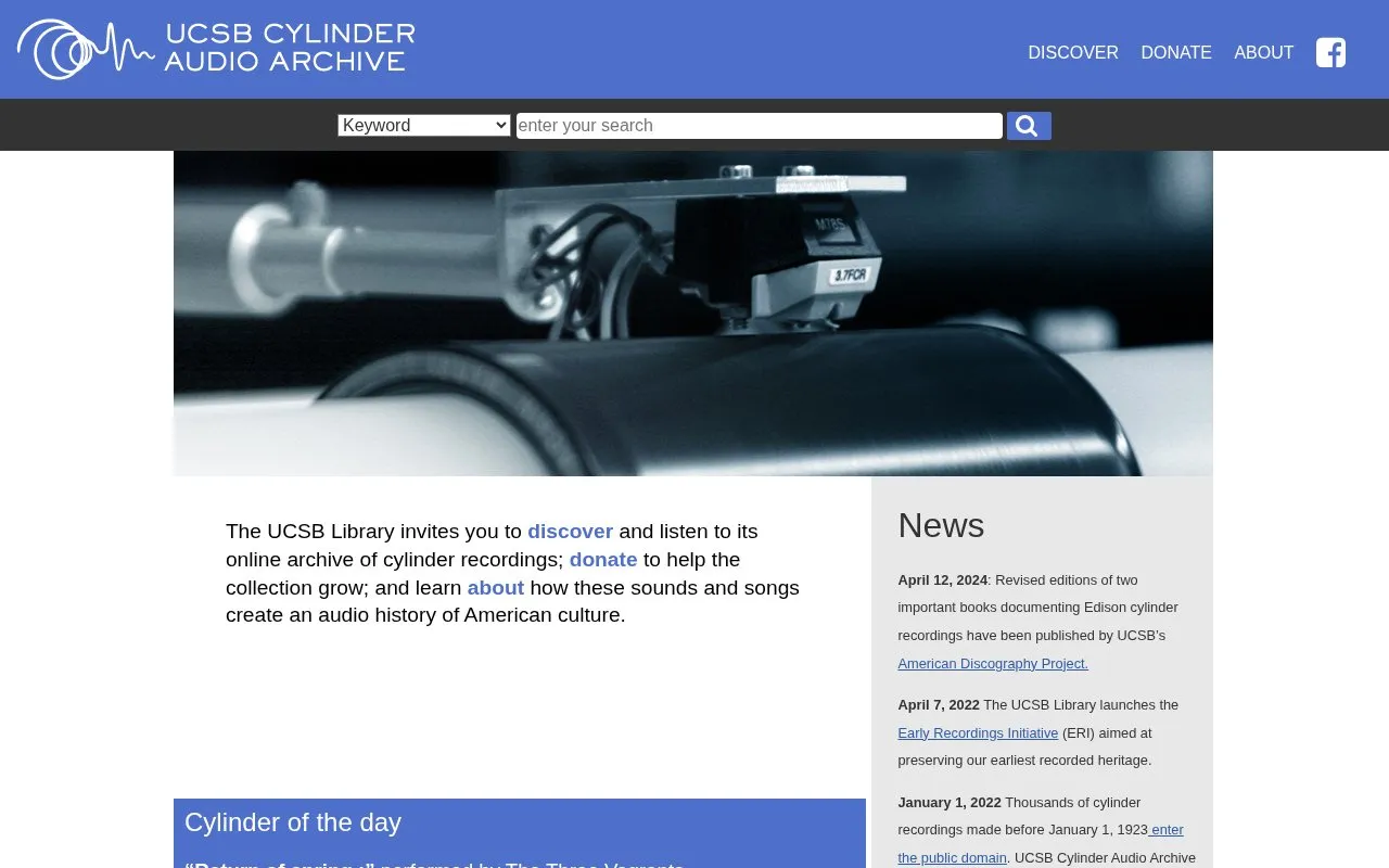 Cylinder Audio Archive homepage screenshot