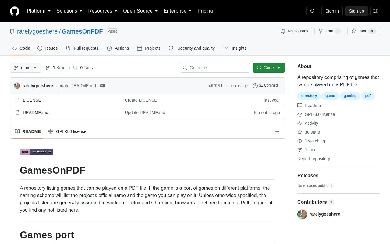 GamesOnPDF homepage screenshot