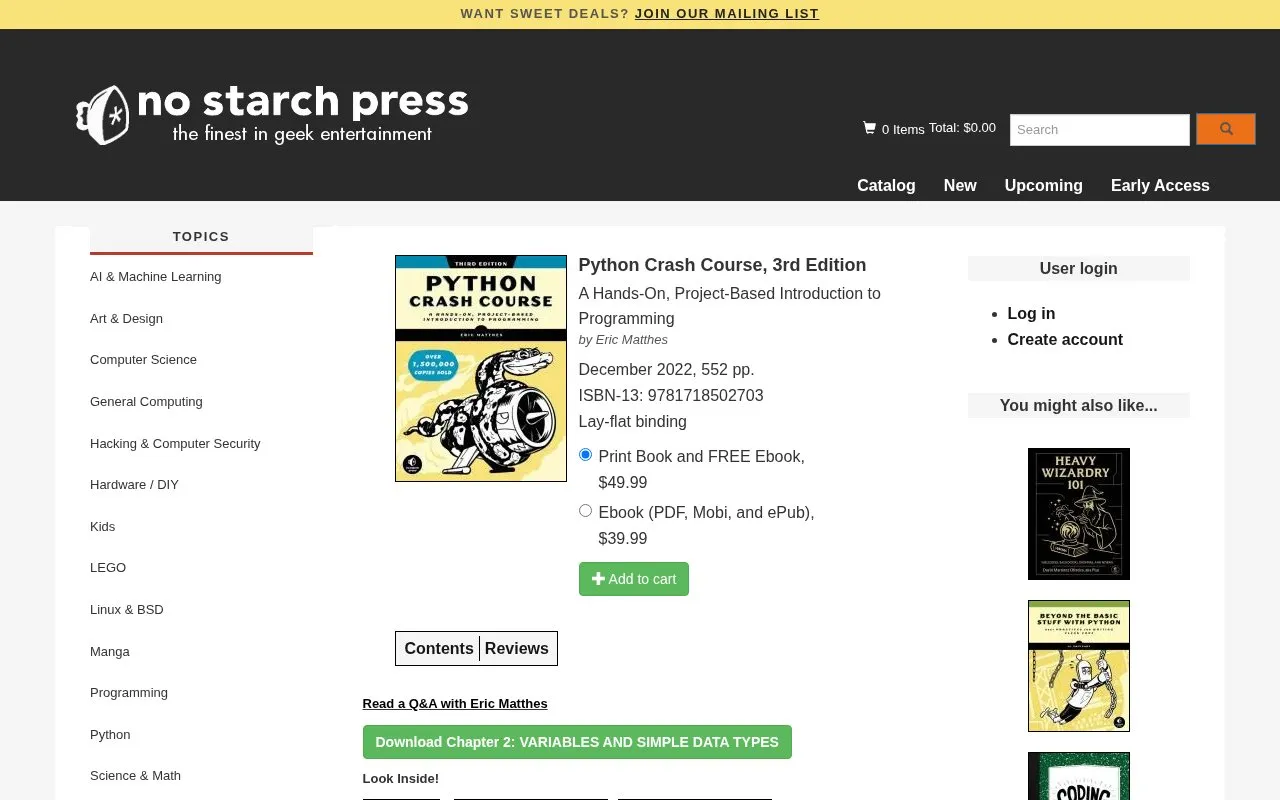 Python Crash Course by Eric Matthes homepage screenshot