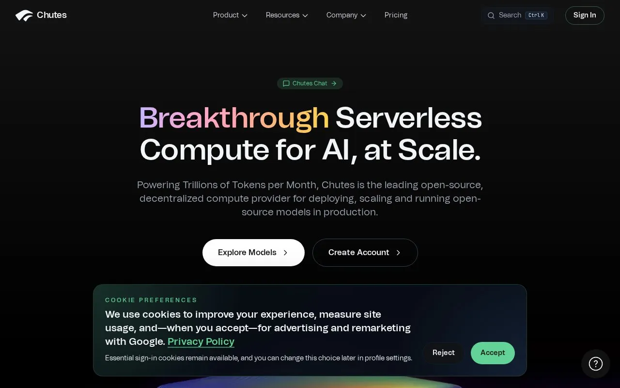 Chutes homepage screenshot