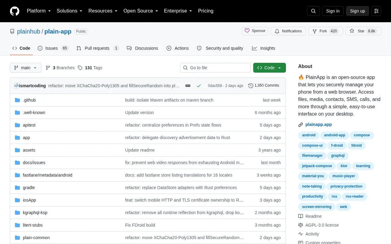 Plain App homepage screenshot