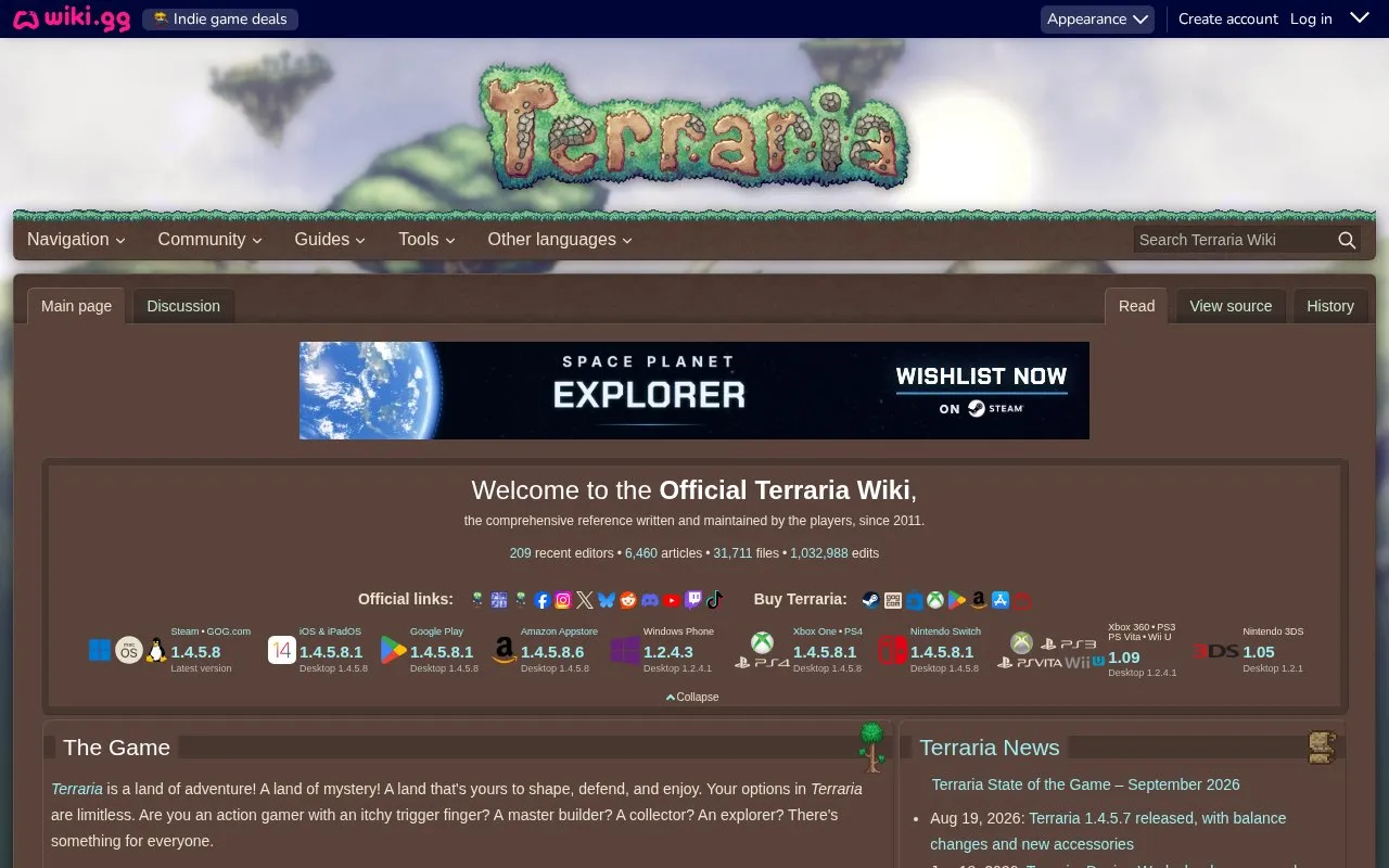 Terraria Wiki homepage screenshot