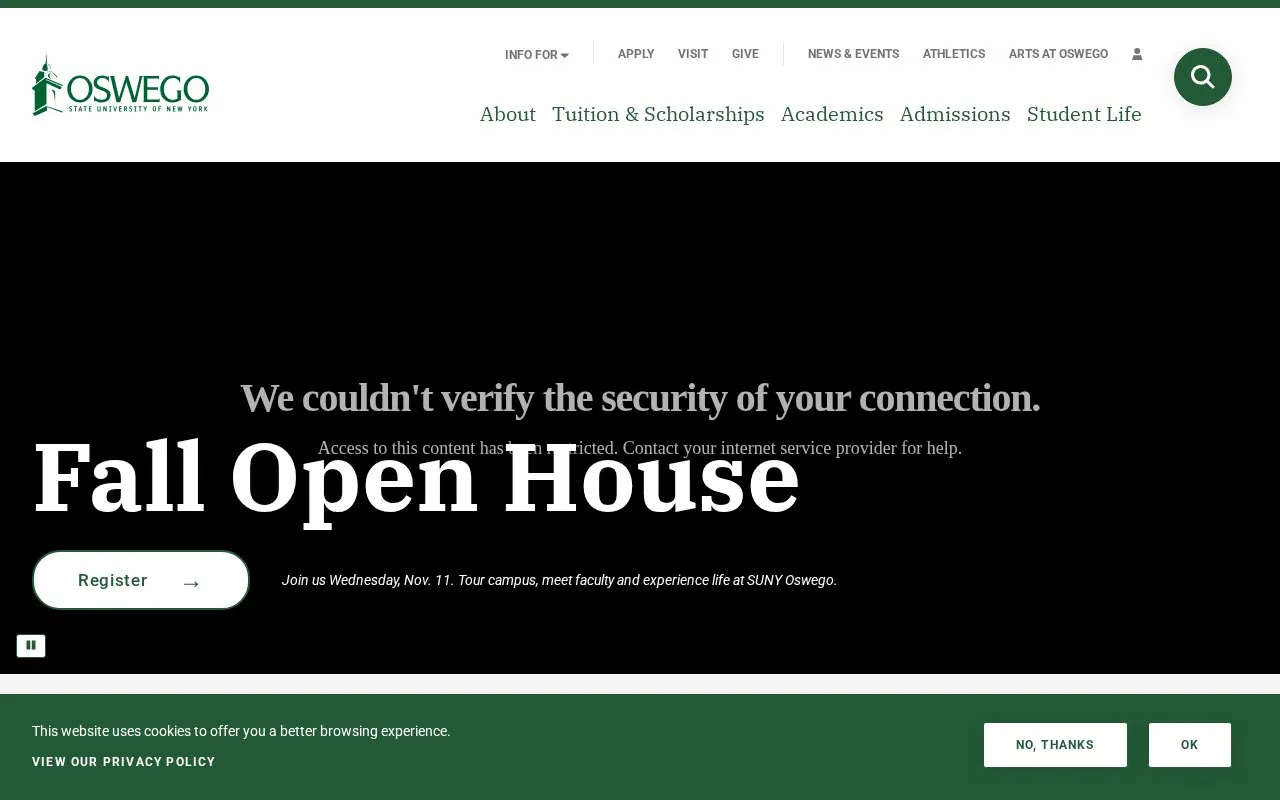 State University of New York, College at Oswego homepage screenshot