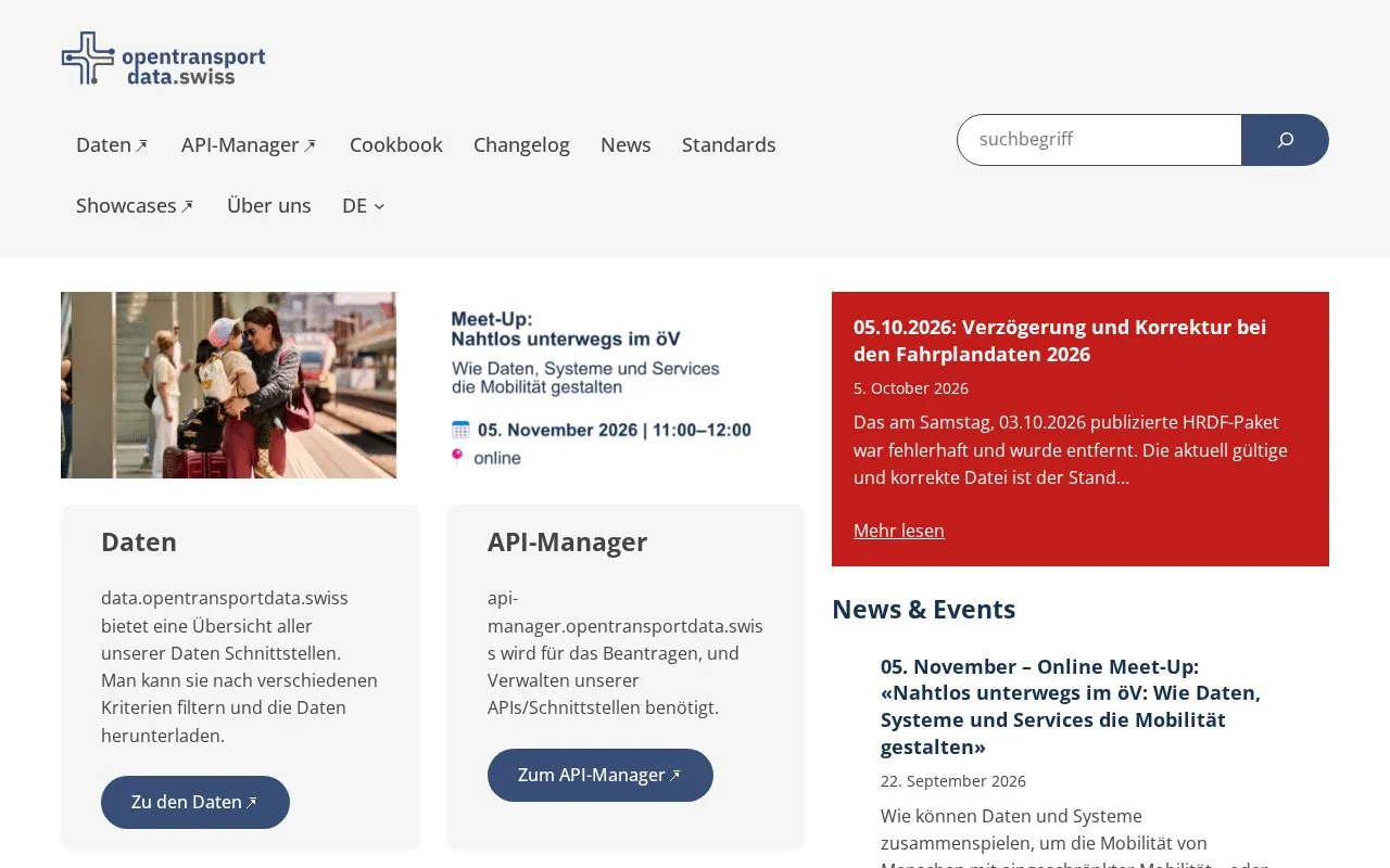 Open data platform mobility Switzerland homepage screenshot