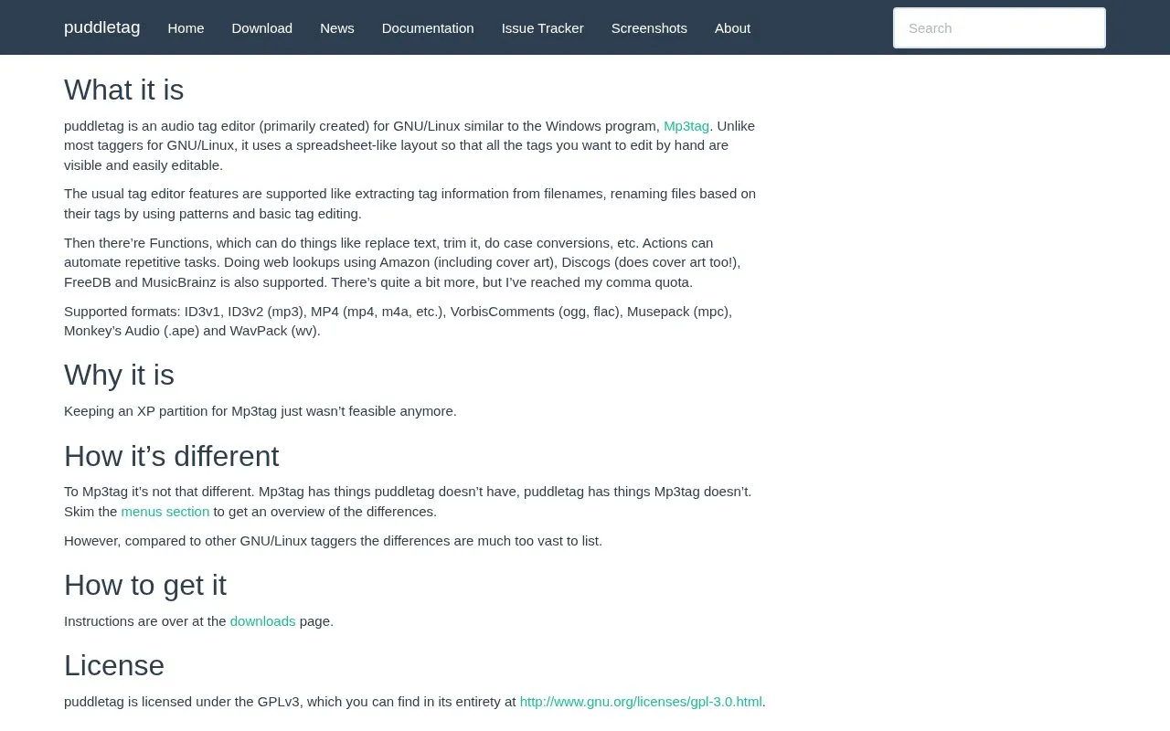 puddletag homepage screenshot