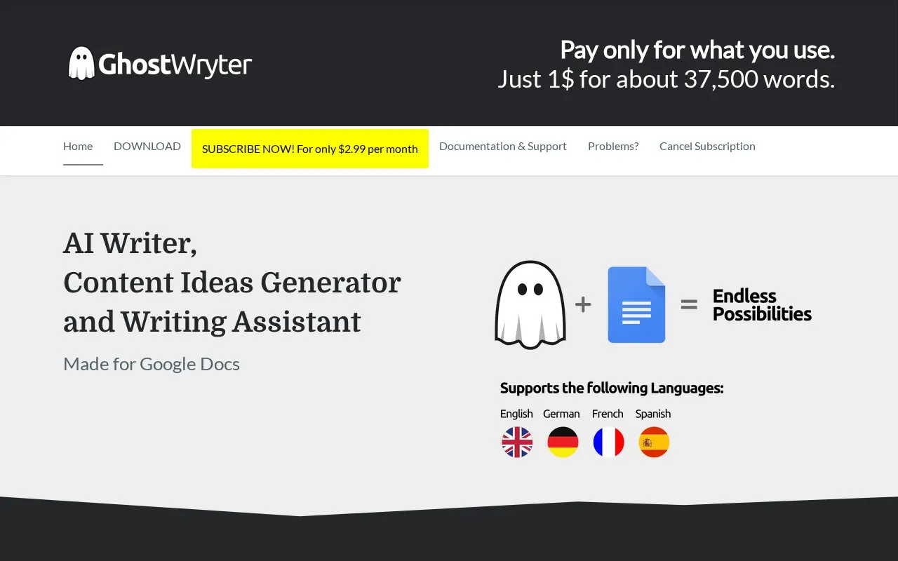 GhostWryter homepage screenshot