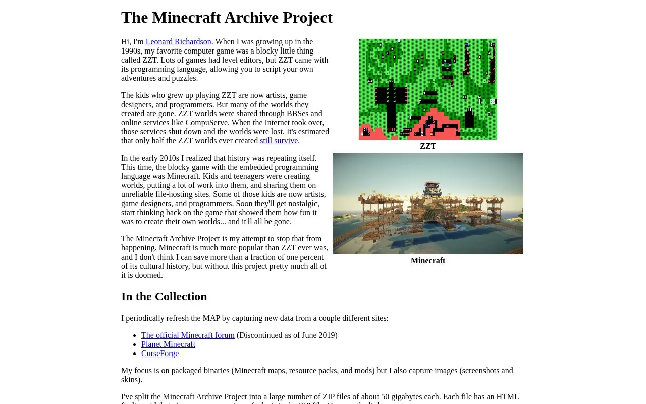 The Minecraft Archive Project homepage screenshot