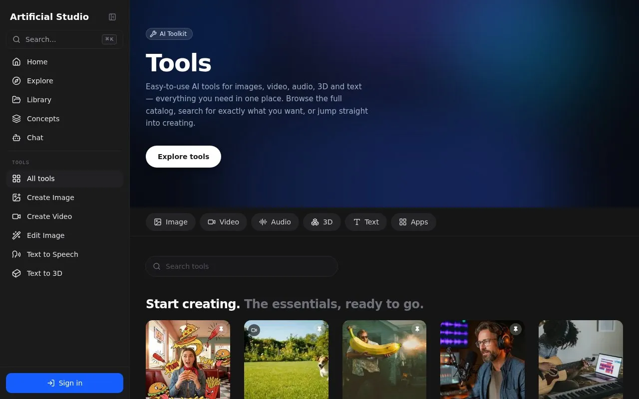 ArtificialStudio homepage screenshot