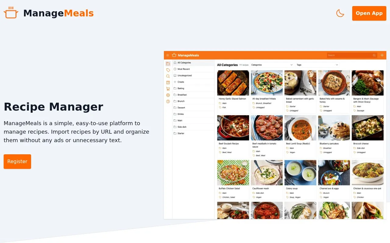 ManageMeals homepage screenshot