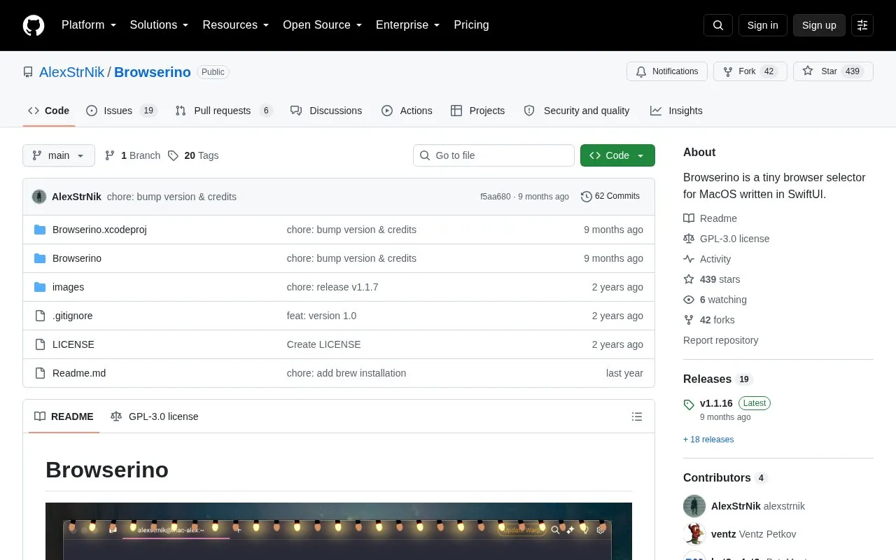 Browserino homepage screenshot