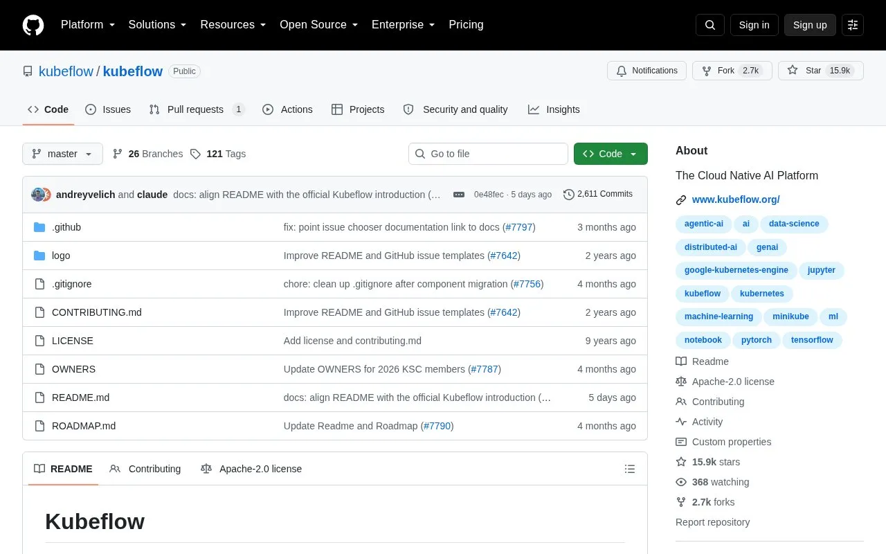 Kubeflow homepage screenshot