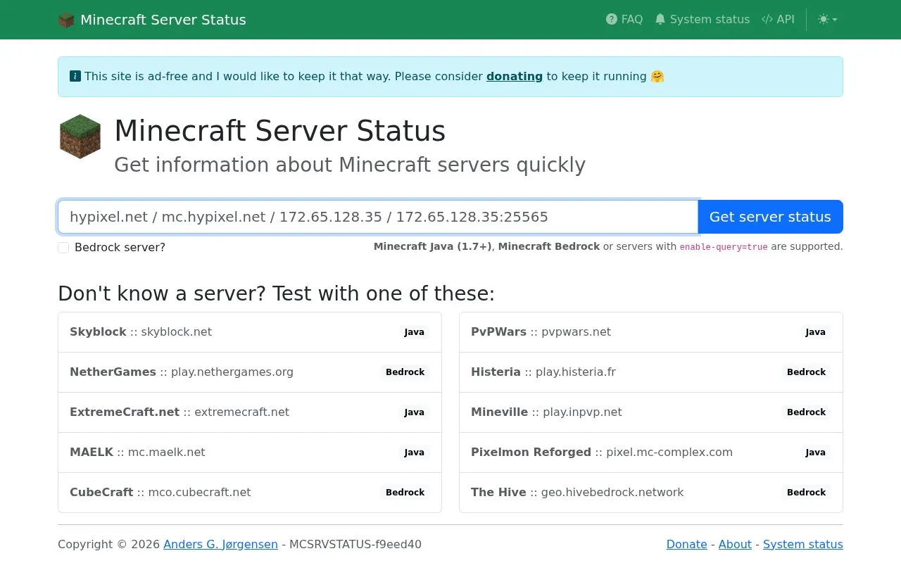 mcsrvstat homepage screenshot