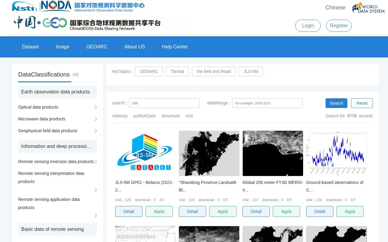 National Earth Observation Data Center homepage screenshot