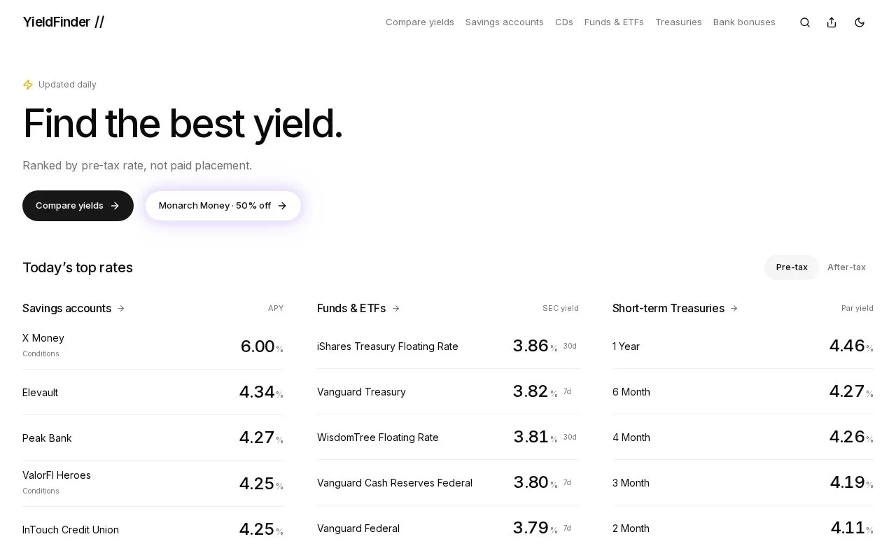 YieldFinder homepage screenshot