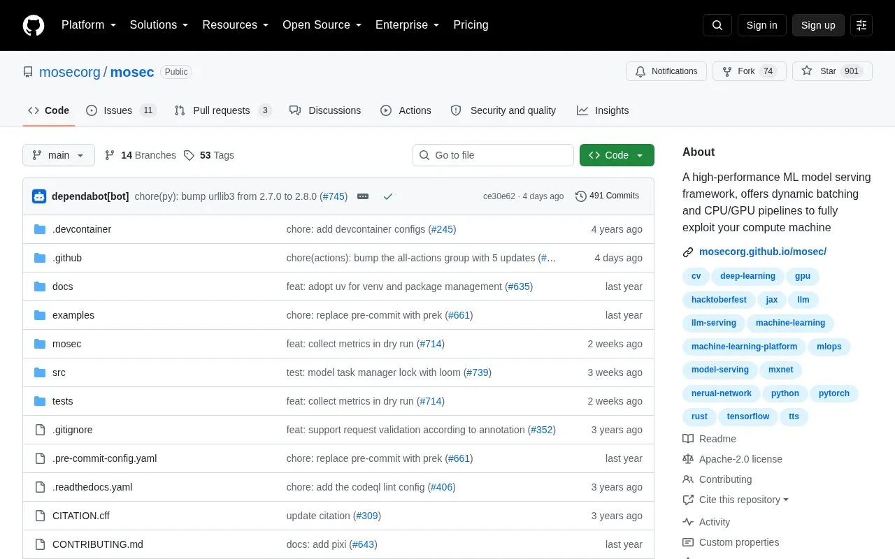Mosec homepage screenshot