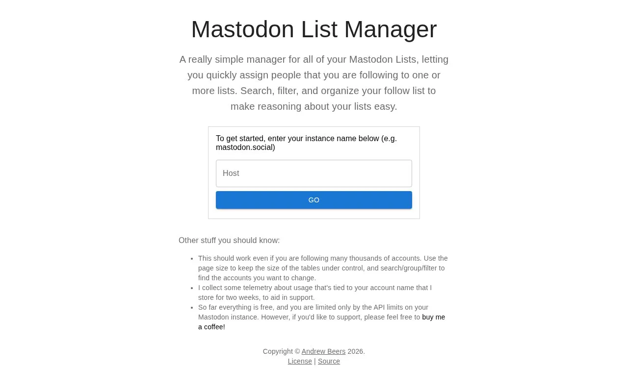 Mastodon List Manager homepage screenshot