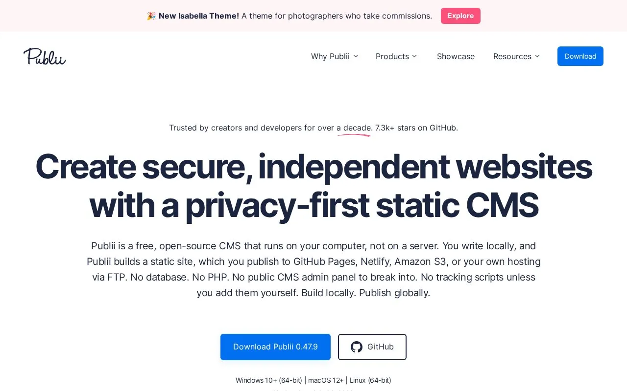 Publii homepage screenshot