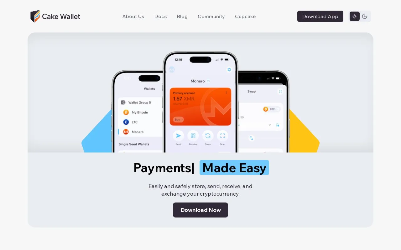 Cake Wallet homepage screenshot