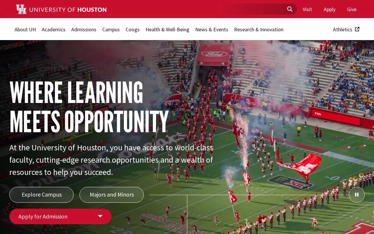 University of Houston homepage screenshot