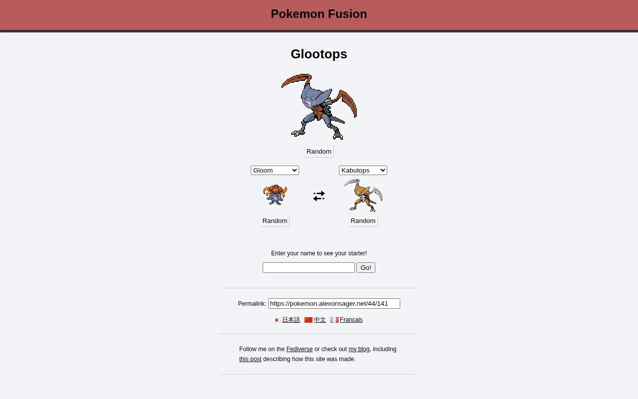 Pokémon Fusion homepage screenshot