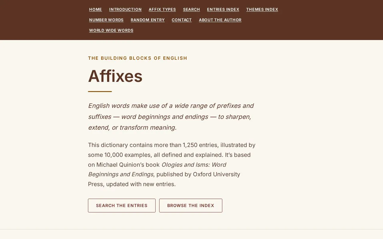 Affixes: homepage screenshot