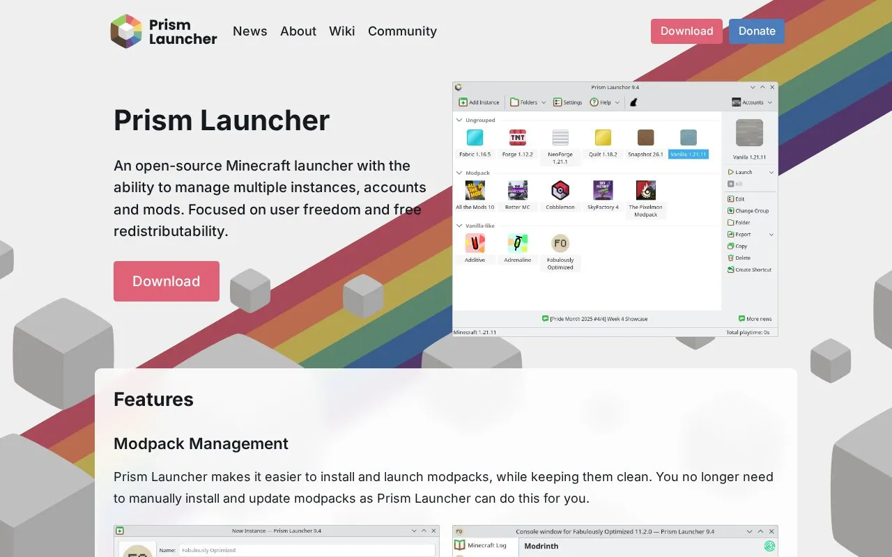 Prism Launcher homepage screenshot
