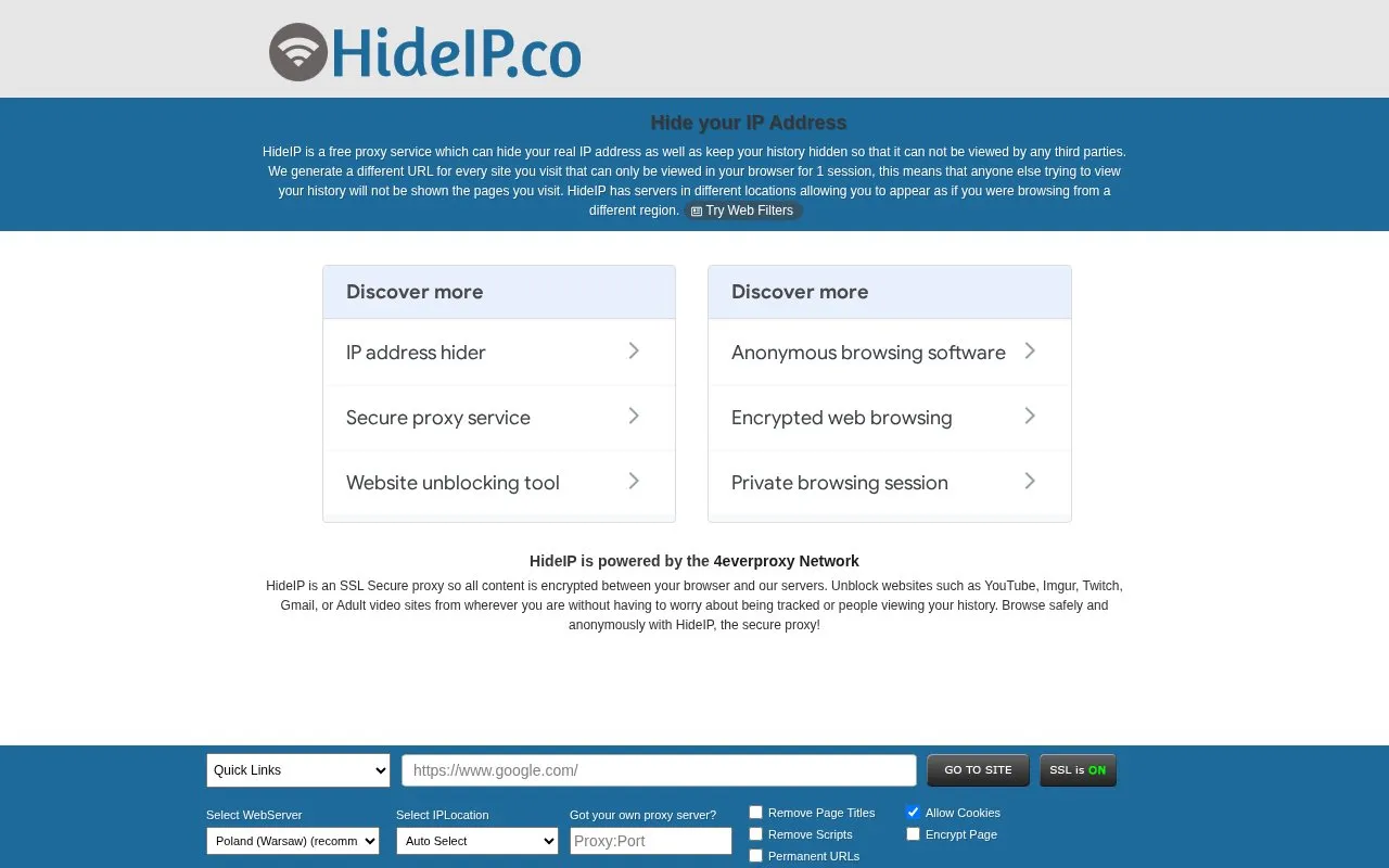 Hideip homepage screenshot