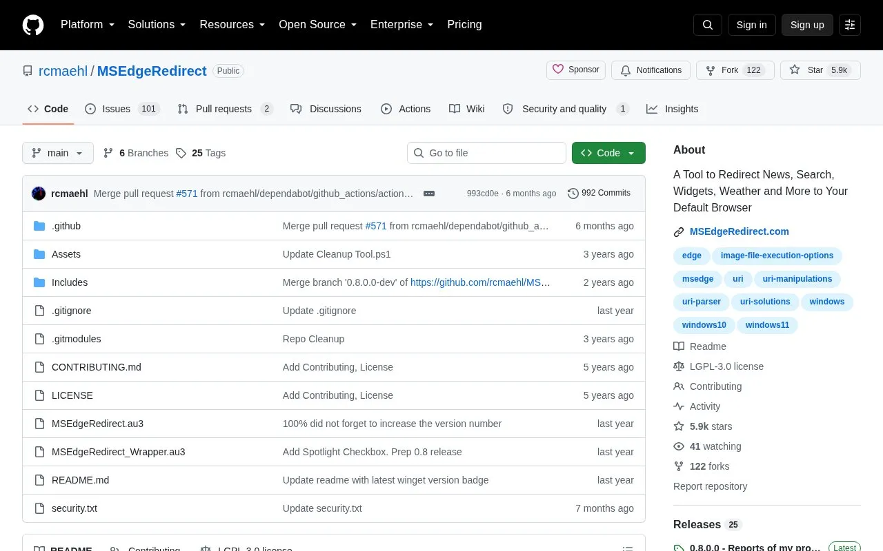 MSEdgeRedirect homepage screenshot