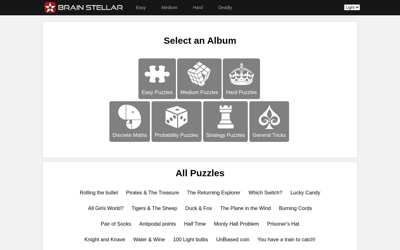 Brainstellar Puzzles homepage screenshot