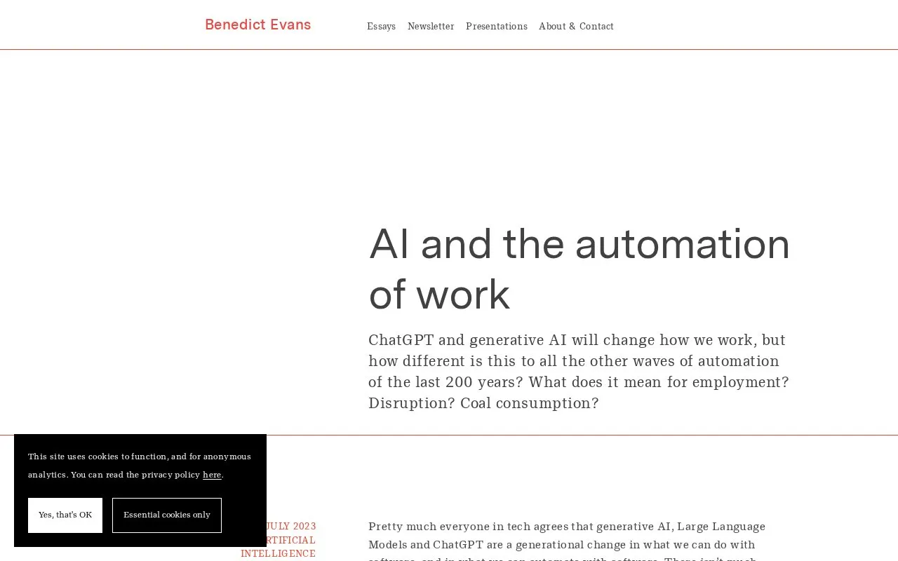 AI and the automation of work — Benedict Evans homepage screenshot