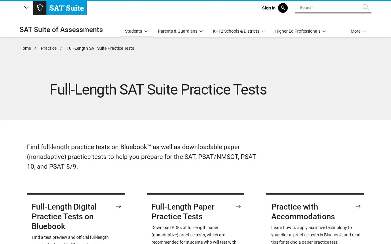 The SAT: Practice Tests homepage screenshot