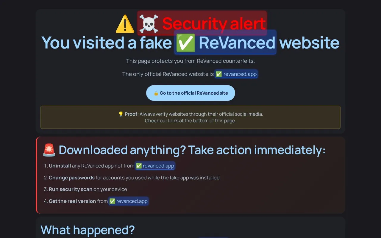 Fake ReVanced Sites homepage screenshot