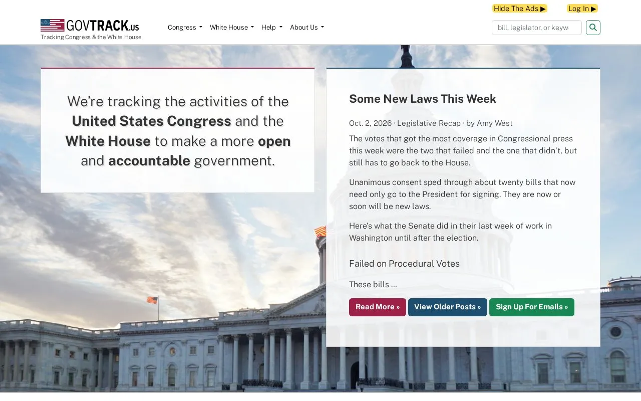GovTrack homepage screenshot