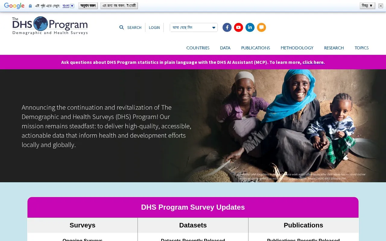Demographic and Health Surveys homepage screenshot