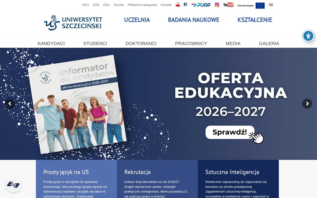 University of Szczecin homepage screenshot