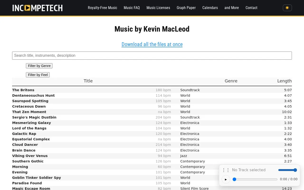Incompetech Music homepage screenshot