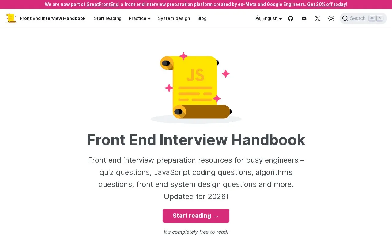 Frontend Interview Handbook homepage screenshot