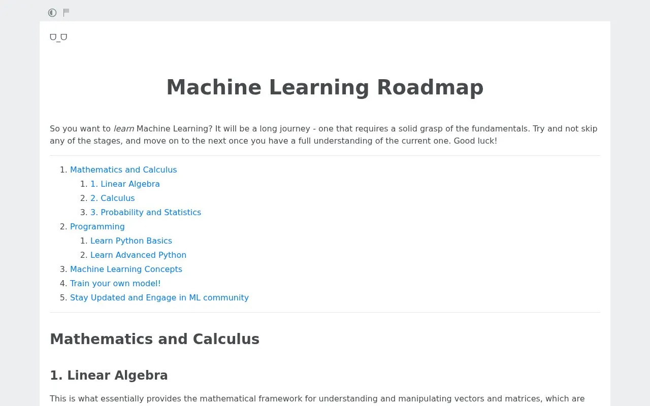 Machine Learning Roadmap homepage screenshot